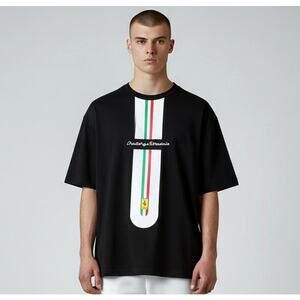 Ferrari Official Product Black Racing Stripe T Shirt Mens L 100% Cotton